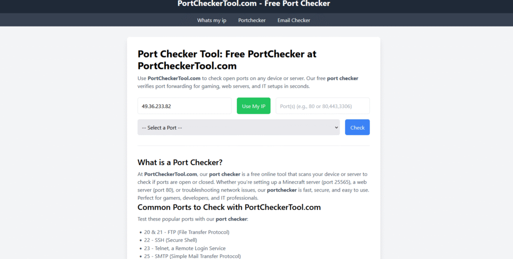 PortCheckertool.com: नेटवर्क पोर्ट जांचने के लिए सबसे आसान और सुरक्षित ऑनलाइन टूल 1 Screenshot 2025 05 06 192816 1